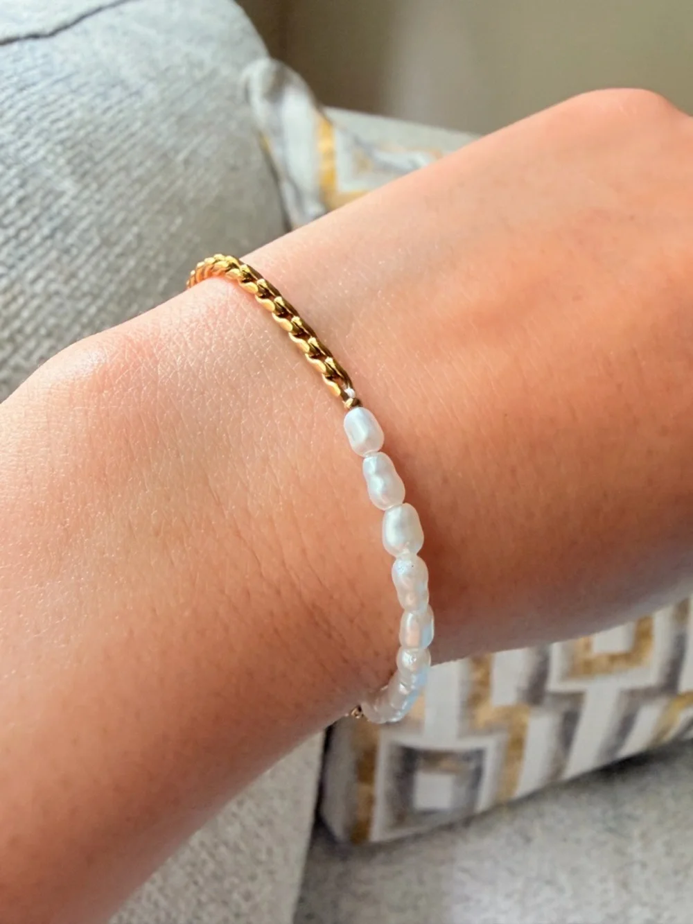 Gold Chain and White Bead Toggle Bracelet Stainless Steel - Picture 6 of 8